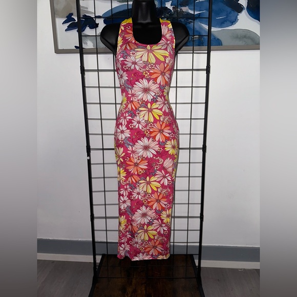 Pink Floral Cut Out Yellow Self Tie Back Closure Midi Dress - Picture 11 of 15